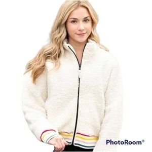 Ivory Ella Bomber Jacket Sherpa Fleece Striped Cuffs‎ Zip Up Cream Womens Small